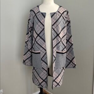 Rain + Rose Grey and Pink Plaid Coatigan Open Front Cardigan Size XL